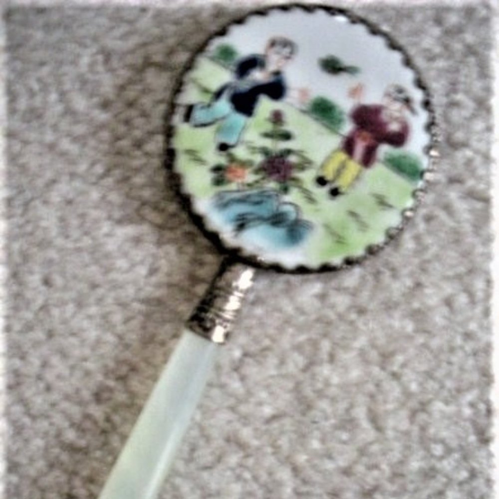 Asian Mirror with Jadeite Handle Hand Painted Oriental Scene Ornate Edge Mirror